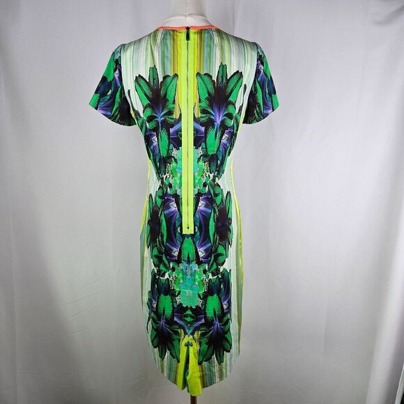 Elie Tahari Angie Lime Green Mirror Orchid Sheath Midi Dress US 10 Maximalism - Picture 5 of 13